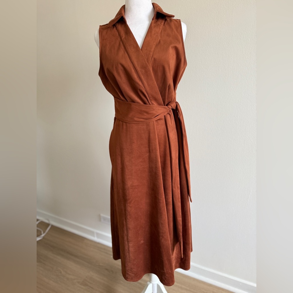Tahari ASL Orange Sheath Midi Dress V-Neck Tie Front